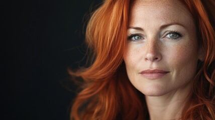 Obraz premium Confident and wise, studio portrait of a stunning mature woman with long red hair, freckles, and blue eyes