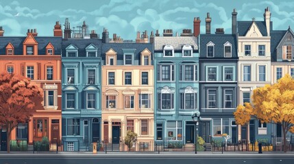 Obraz premium Urban Grandeur: Detailed Illustration of London's Victorian Houses,