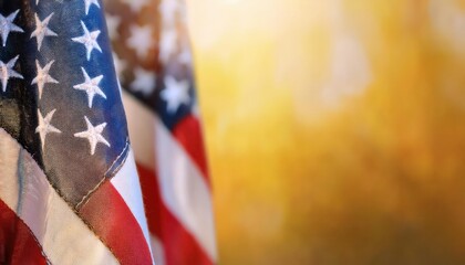 Close-Up of Waving American Flag with Stars and Stripes, Sunlit Against a Golden Autumn Background. Perfect for USA National Holidays, Veterans Day, Memorial Day, or Patriotic Celebrations