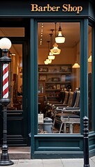 Traditional barbershop storefront with vintage barber pole. Large windows show classic barber chairs, tools. Neatly kept exterior. Ideal for vintage style photos. Suitable for barbershop, salon,