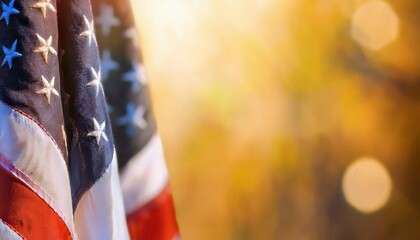 Close-Up of Waving American Flag with Stars and Stripes, Sunlit Against a Golden Autumn Background. Perfect for USA National Holidays, Veterans Day, Memorial Day, or Patriotic Celebrations