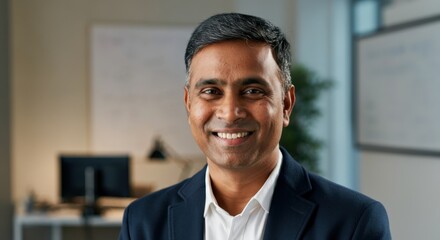 Obraz premium Confident south asian male professional smiling in modern office setting for business and corporate themes