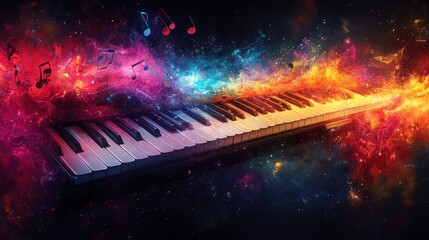 Piano keyboard engulfed in vibrant flames and musical notes.