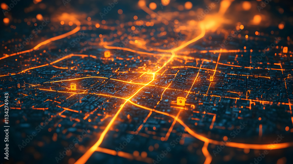 Poster a digital representation of a cityscape with glowing pathways and data points.