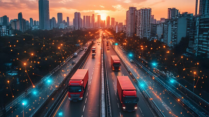 Fototapeta premium A bustling city highway at sunset with trucks and digital connections.