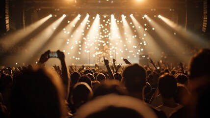 A dramatic cut-out paper banner showcasing a crowd illuminated by stage lights, casting long...