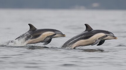 Fototapeta premium Two dolphins leaping gracefully above the water's surface.