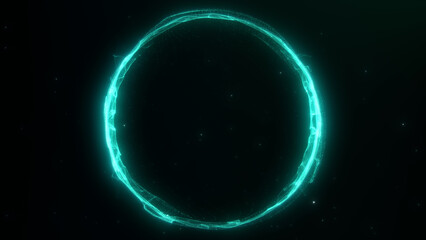 Obraz premium Dynamic shiny green plasma energy sphere on dark turquoise abstract background. Glowing circle, magic ring with particles field. Digital futuristic Vj sci fi swirling wavy orb.