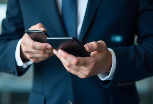 businessman in suit holding two smartphones, engaged in online transactions. focus is on modern technology and communication