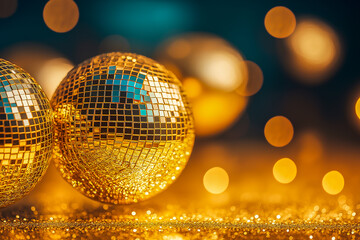 Obraz premium A background with a disco ball and blurred festive lights. Design of a postcard, banner, website
