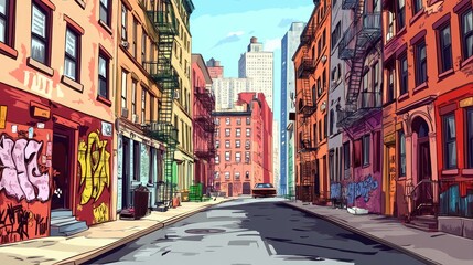 Obraz premium Vector illustration of a street in New York City, USA. Street art and graffiti.