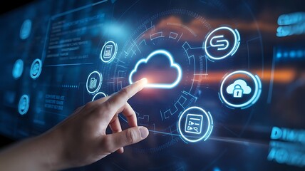 Hand Interacting with Glowing Cloud Technology Interface, cloud computing copy space, copy-space background, tech copyspace background