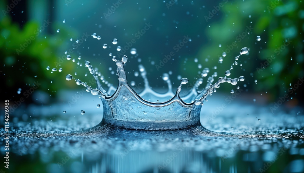 Poster water droplets fall creating beautiful splashes on ground. close-up view shows dynamic water impact.