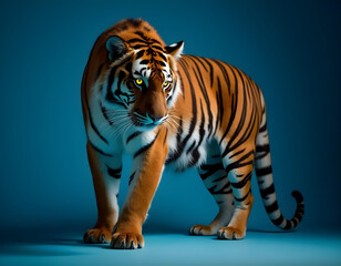 Obraz premium Majestic tiger with striking orange and black stripes, showcasing its powerful physique against blue background. animal exudes strength and grace in its natural pose