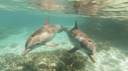 Two dolphins swimming gracefully underwater near coral reefs.