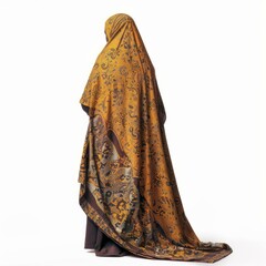 Studio shot of an elegant woman wearing a traditional yellow and brown patterned hijab and abaya, showcasing modesty and cultural style