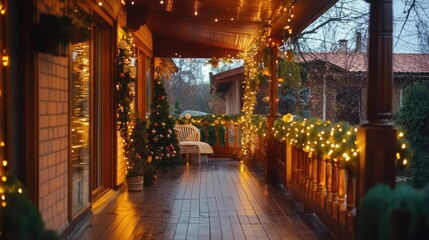 Fototapeta premium veranda of house is decorated with bright garland