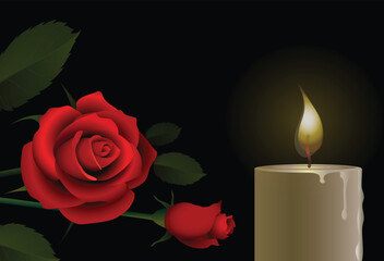 Burning candle close-up and red rose flower with bud mourning bouquet in the background in the dark. Vector conceptual illustration with place for text.