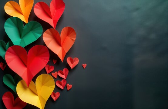 Naklejki Colorful paper hearts arranged on dark background symbolize unity, love. Juneteenth celebration theme. Creative paper art composition. Multicolored hearts form abstract pattern. Vibrant colors evoke