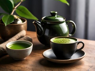 Fototapeta premium a cup of matcha on the table in the morning