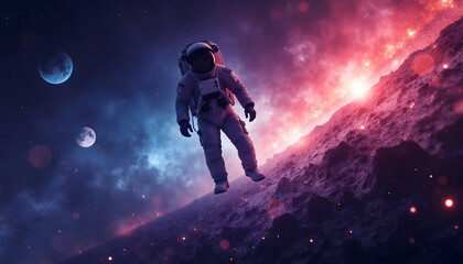 Obraz premium astronaut floating in colorful galaxy with stars and planets. scene evokes sense of wonder and exploration in vastness of space