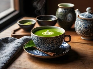 Fototapeta premium a cup of matcha on the table in the morning