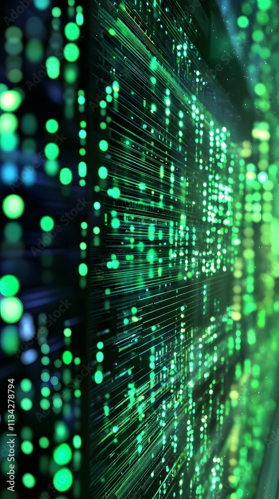 Poster abstract digital representation of data streams with glowing green dots and lines.