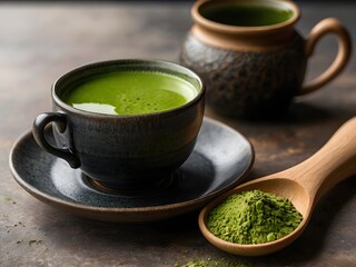a cup of matcha on the table in the morning