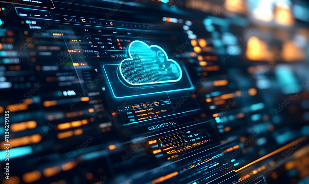 Poster digital interface showcasing cloud computing and data analytics.