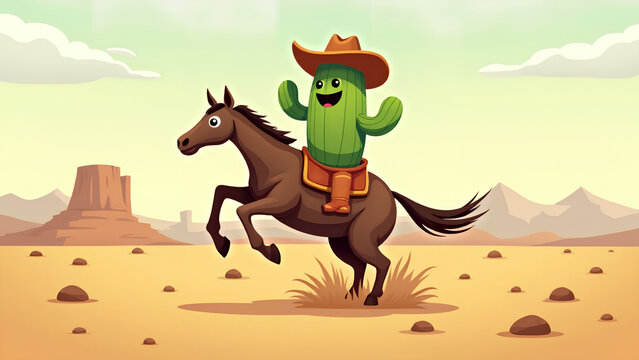 Ein Cartoon-Kaktus mit Cowboyhut und Stiefeln, der wie ein wilder Wildpferd in einer W&uuml;stenszene auf einem Steppengras reitet