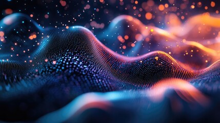 Vibrant 3d sound waves in abstract colorful motion on dark background - dynamic data visualization and abstract points graph - digital art illustration for multimedia and technology