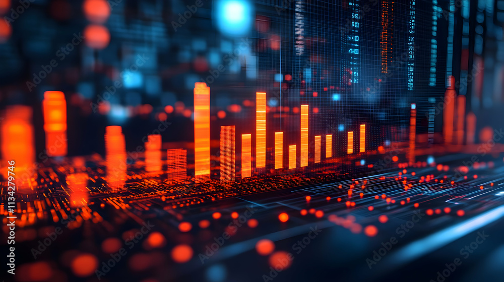 Poster abstract digital visualization of data with glowing bars and nodes representing analytics.