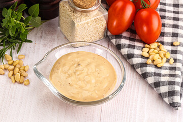 Delicious walnut creamy sauce in the bowl