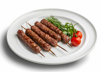 Szaszłyki mięsne na drewnianych szpikulcach, podane na białym talerzu.