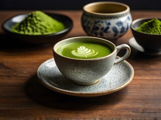 a cup of matcha on the table in the morning