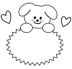 Outlines of text bubble with puppy png for kid colouring book, art, painting, name tag, cartoon, chatting, character, comic, text, message, dialogue, sticker, pet shop, vet, animal, dog lover, foster	