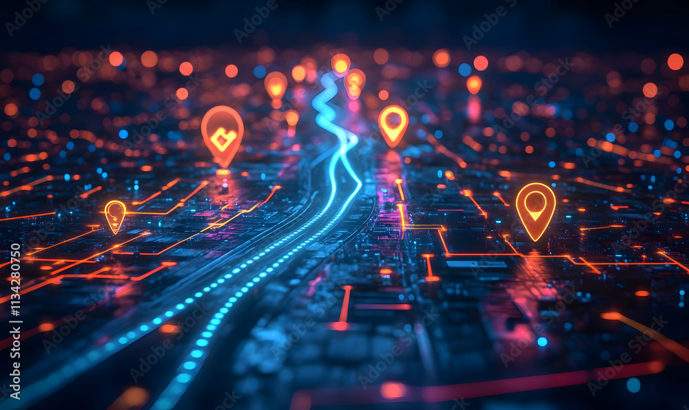 Poster digital representation of a network with location markers and illuminated pathways.