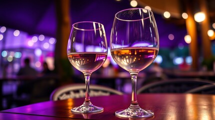 Two Wine Glasses Resting On A Table At Night