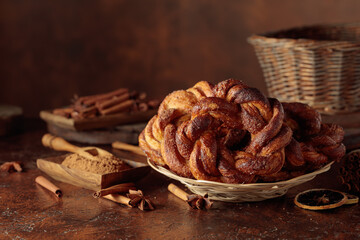 Homemade pretzel with cinnamon and sugar.