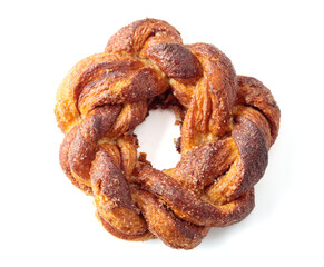 Pretzel with cinnamon and sugar isolated on white background.