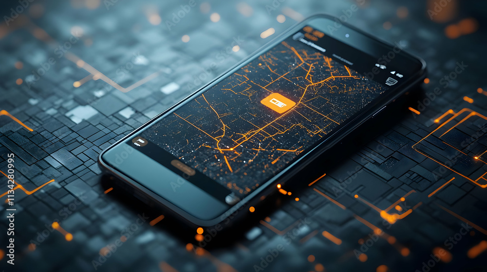 Poster a smartphone displaying a digital map with an orange overlay on a tech-inspired background.