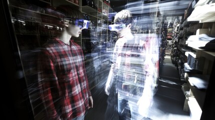 Two figures in a store, one appearing digital or holographic, suggesting technology and innovation.