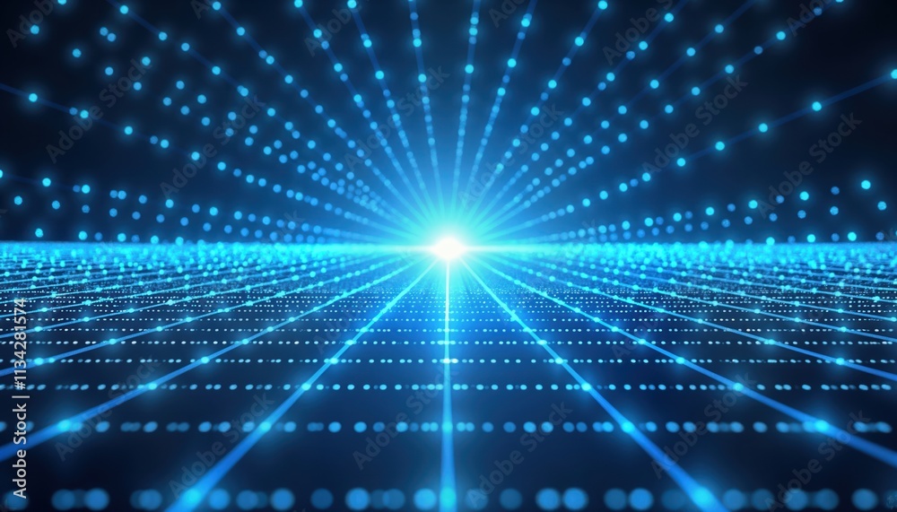 Poster Dynamic blue radial lighting effect on grid perspective background. Abstract digital design. Tech illustration. Intricate network pattern. Geometric lines radiate outward from center. Bright points