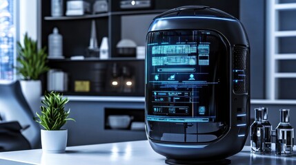 Obraz premium Futuristic Smart Refrigerator Displaying Digital Interface with Data Analytics and Touch Controls in Modern Kitchen Setting