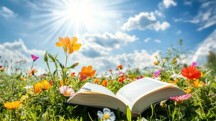Vibrant flowers bloom in a sunlit meadow under a blue sky. with an open book on the theme of education and reading