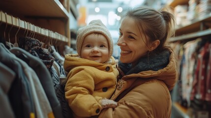Smiling mother holds her baby in a clothing store. Ideal for blogs about motherhood, shopping, or family.