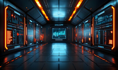 Futuristic corridor with digital displays and glowing accents.
