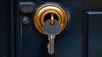 A close-up of a key inserted into a brass door lock, symbolizing security and access.
