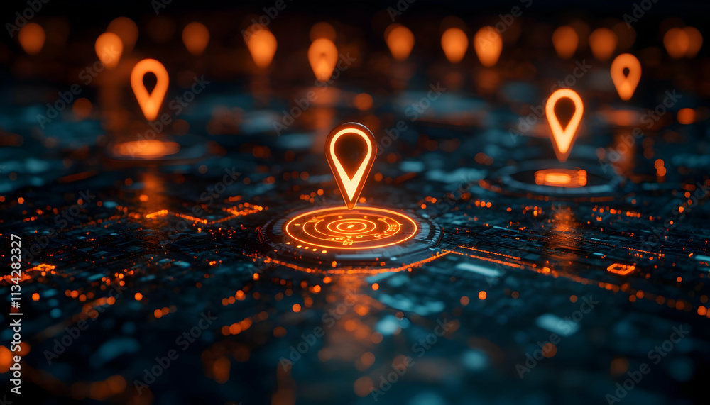 Poster a digital map with glowing location pins representing data points.