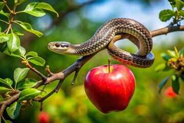 A black snake wraps around a branch of an apple tree its head resting on a red apple